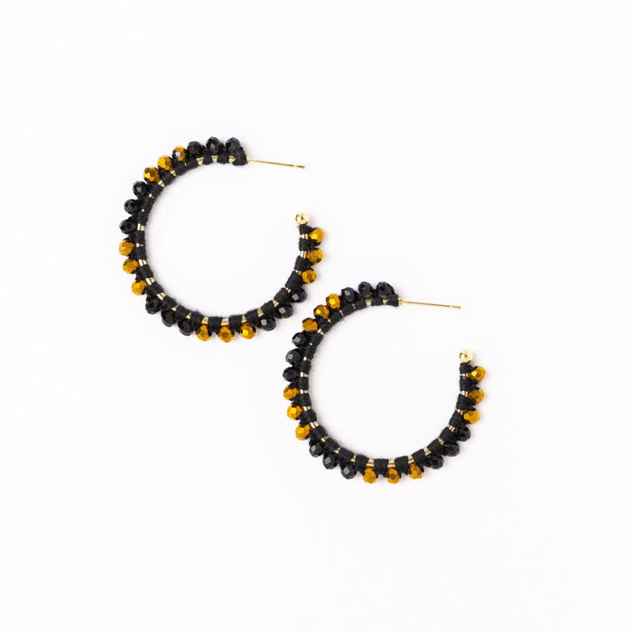 Game Day Crystal Threaded Beads Hoop Earrings Black + Gold Hoops