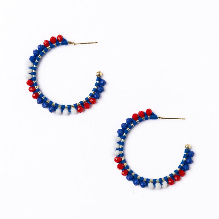 Game Day Crystal Threaded Beads Hoop Earrings Blue + Crimson Hoops