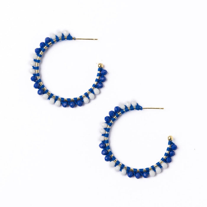 Game Day Crystal Threaded Beads Hoop Earrings Blue + White Hoops