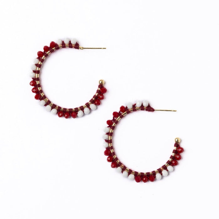 Game Day Crystal Threaded Beads Hoop Earrings Maroon + White Hoops