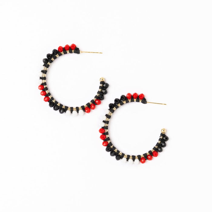 Game Day Crystal Threaded Beads Hoop Earrings Red + Black Hoops