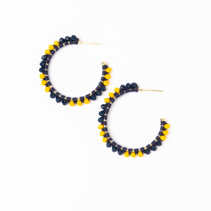 Game Day Crystal Threaded Beads Hoop Earrings Yellow + Blue Hoops