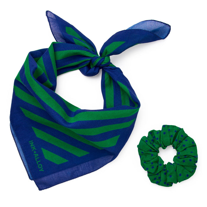 Game Day Diagonal Stripe Scarf + Scrunchie Blue + Green 21x21 Scarf