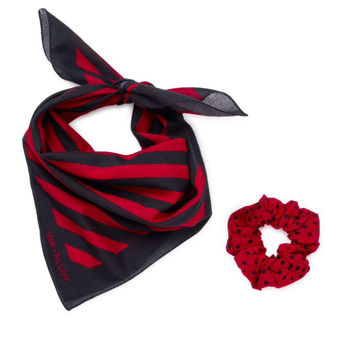 Game Day Diagonal Stripe Scarf + Scrunchie Red + Black 21x21 Scarf