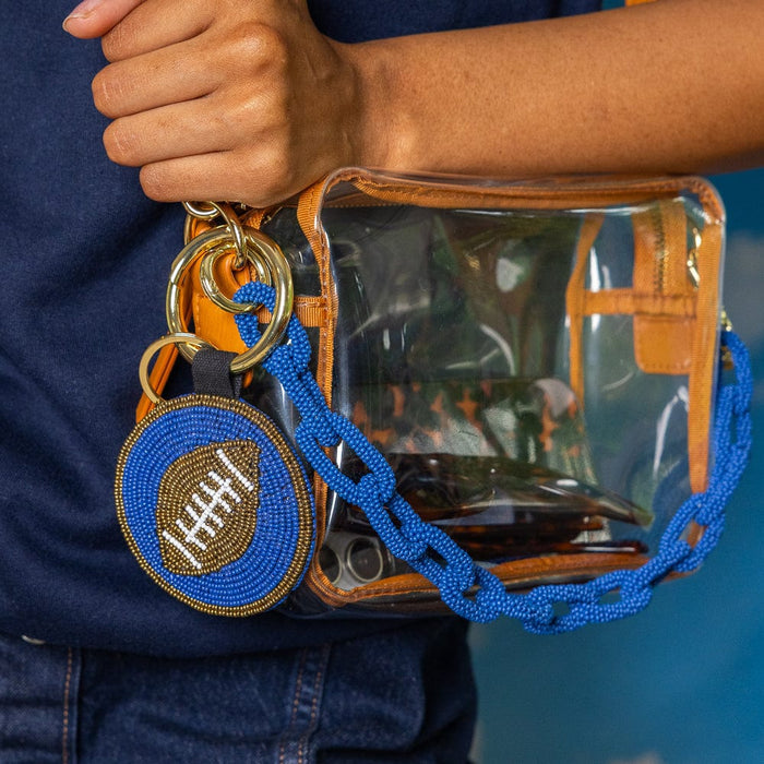 Game Day Football Beaded Bag Charm Blue, Gold, + Green Key Ring + Bag Charm