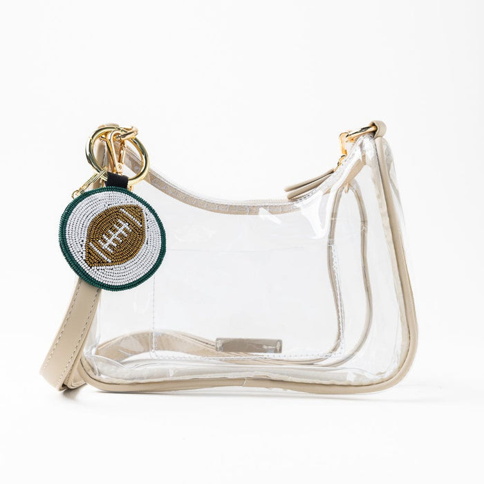 Game Day Football Beaded Bag Charm Green + White Key Ring + Bag Charm