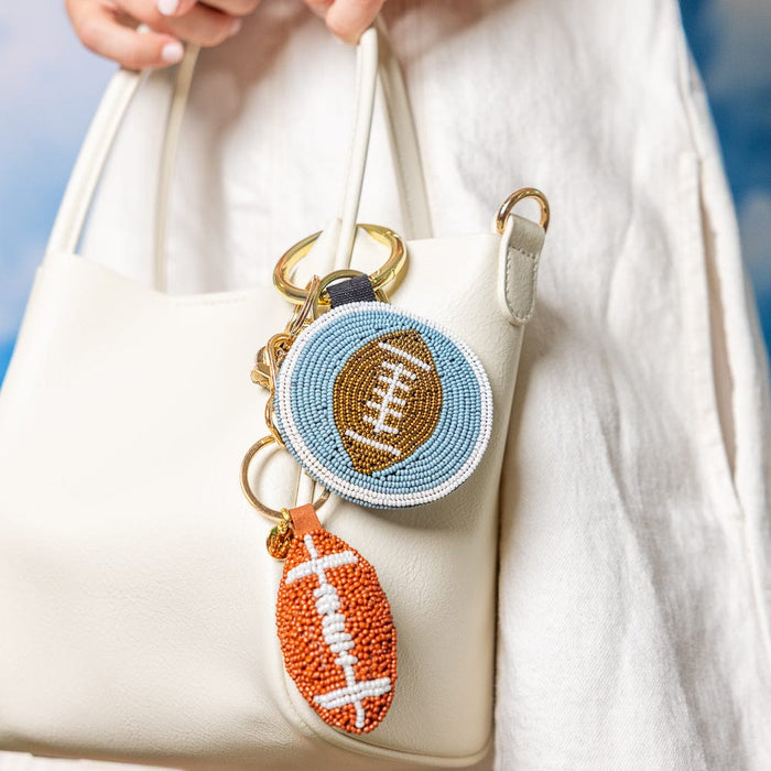 Game Day Football Beaded Bag Charm Navy, Blue, + White Key Ring + Bag Charm