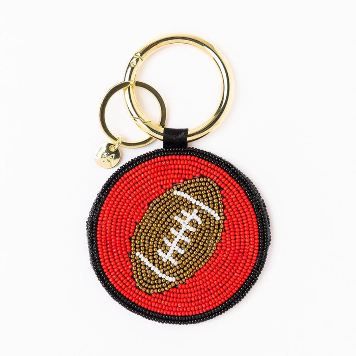 Game Day Football Beaded Bag Charm Red + Black Key Ring + Bag Charm