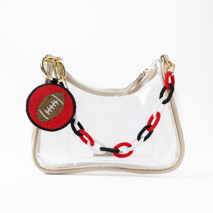 Game Day Football Beaded Bag Charm Red + Black Key Ring + Bag Charm