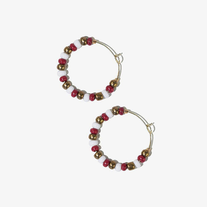 Game Day Mixed Seed Bead Hoop Earrings Gold + Dark Red
