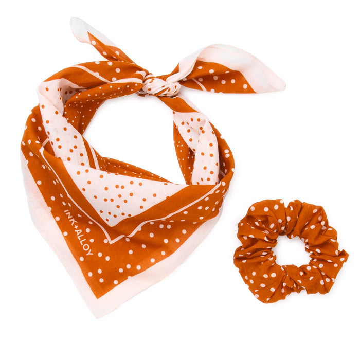 Game Day Polka Dot Scarf + Scrunchie Burnt Orange + White 21x21 Scarf