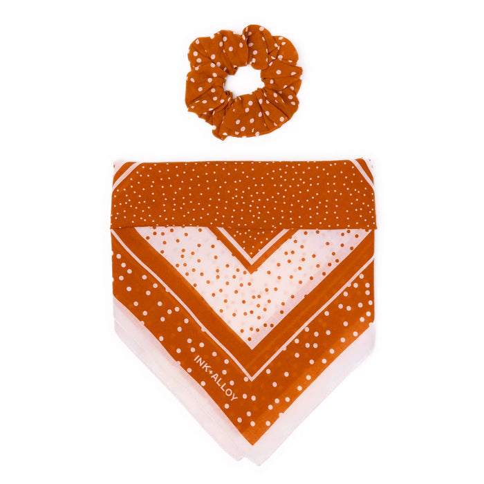 Game Day Polka Dot Scarf + Scrunchie Burnt Orange + White 21x21 Scarf