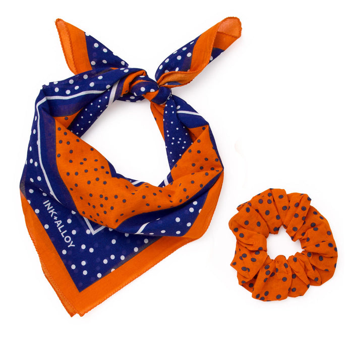 Game Day Polka Dot Scarf + Scrunchie Navy + Orange 21x21 Scarf