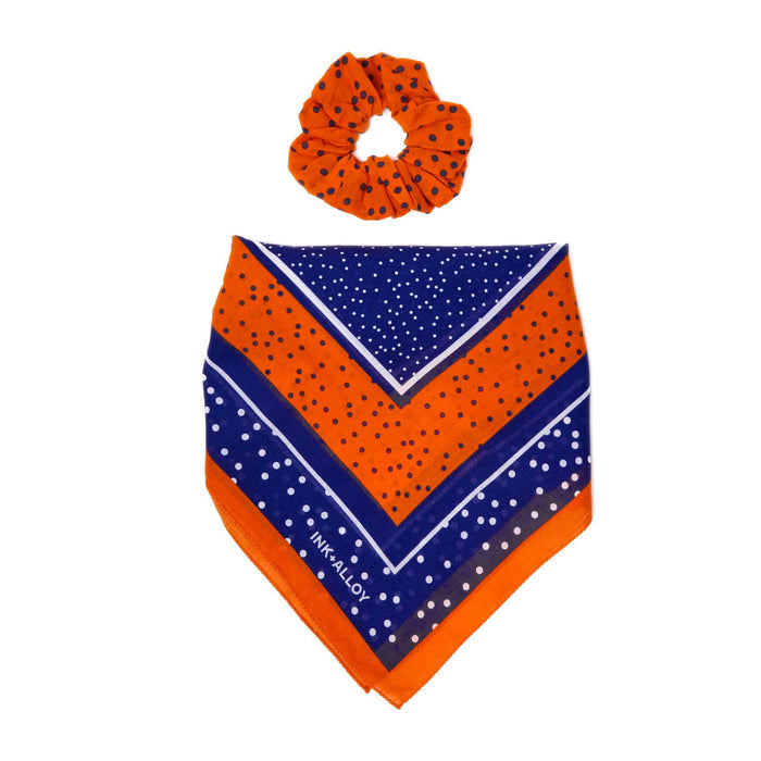 Game Day Polka Dot Scarf + Scrunchie Navy + Orange 21x21 Scarf