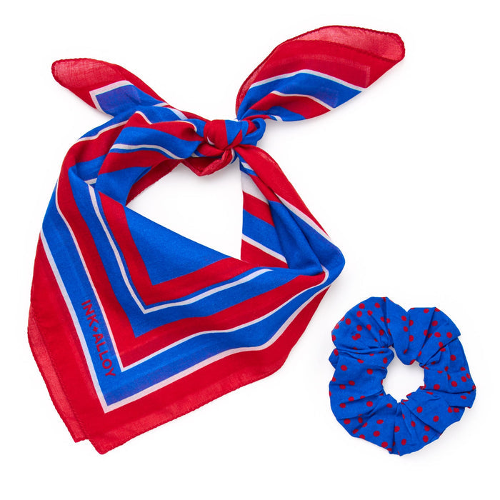 Game Day Radiating Square Scarf + Scrunchie Blue + Red 21x21 Scarf