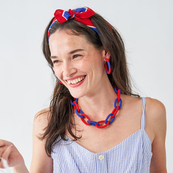 Game Day Radiating Square Scarf + Scrunchie Blue + Red 21x21 Scarf