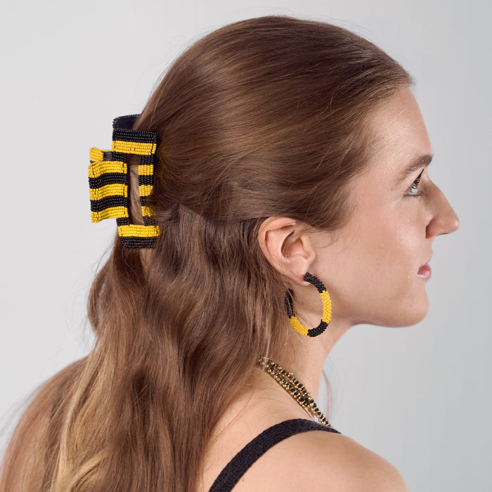 Game Day Striped Beaded Hair Claw Clip Black + Yellow Clip