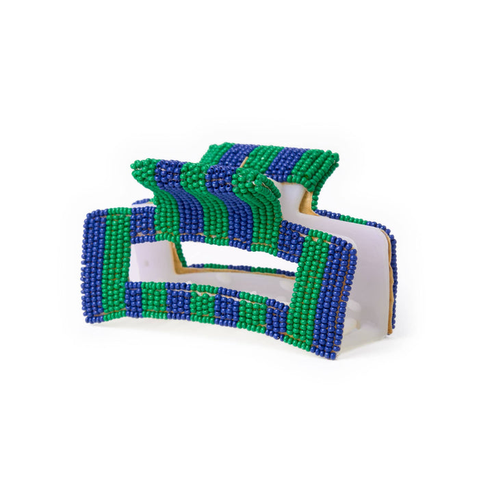 Game Day Striped Beaded Hair Claw Clip Blue + Green Clip