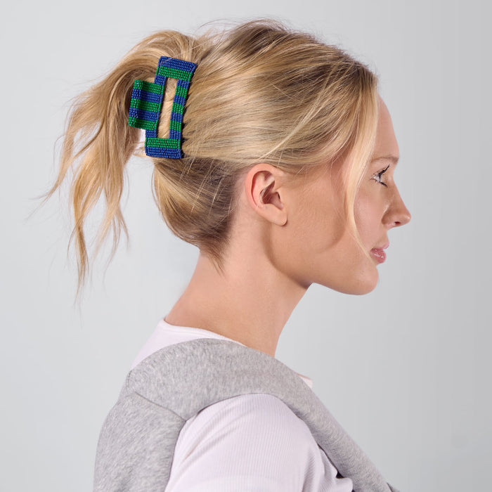 Game Day Striped Beaded Hair Claw Clip Blue + Green Clip