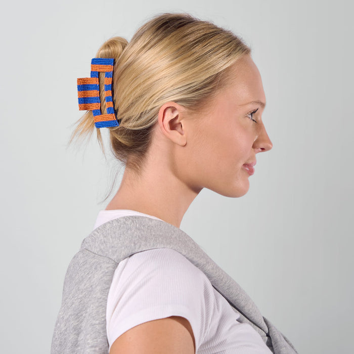 Game Day Striped Beaded Hair Claw Clip Blue + Orange Clip