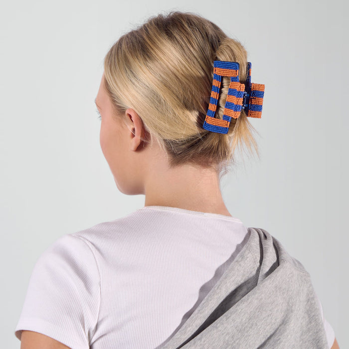 Game Day Striped Beaded Hair Claw Clip Blue + Orange Clip