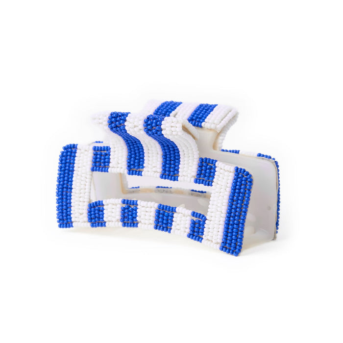Game Day Striped Beaded Hair Claw Clip Blue + White Clip