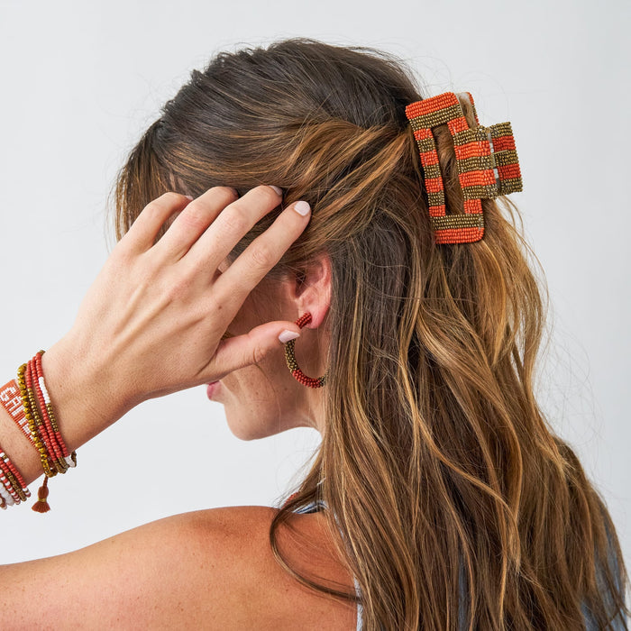 Game Day Striped Beaded Hair Claw Clip Burnt Orange + Gold Clip