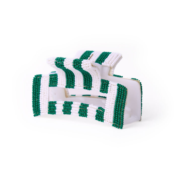 Game Day Striped Beaded Hair Claw Clip Green + White Clip