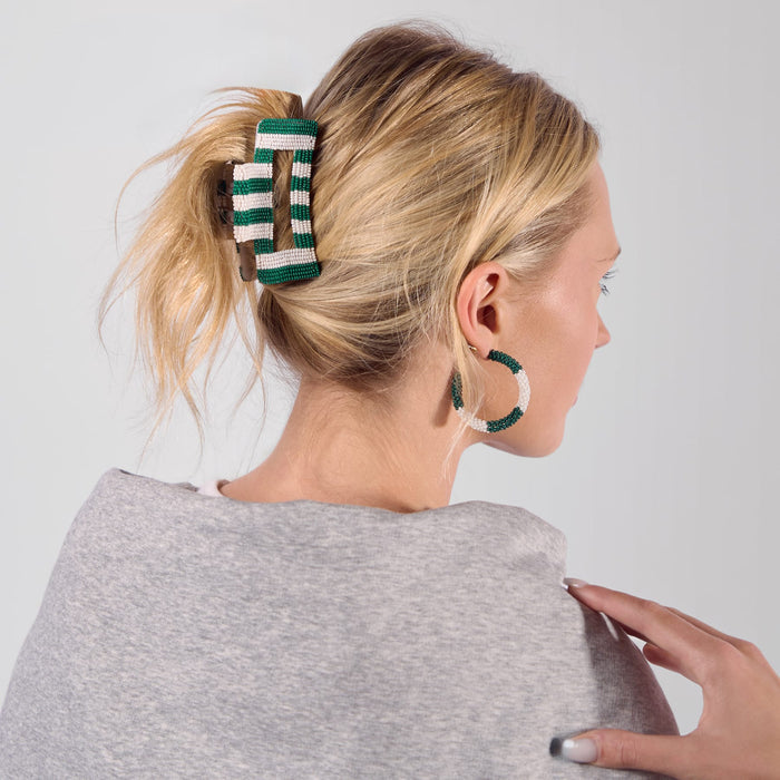 Game Day Striped Beaded Hair Claw Clip Green + White Clip