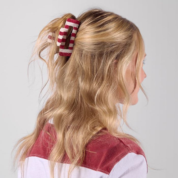 Game Day Striped Beaded Hair Claw Clip Maroon + White Clip
