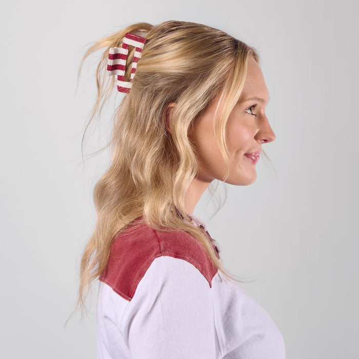 Game Day Striped Beaded Hair Claw Clip Maroon + White Clip