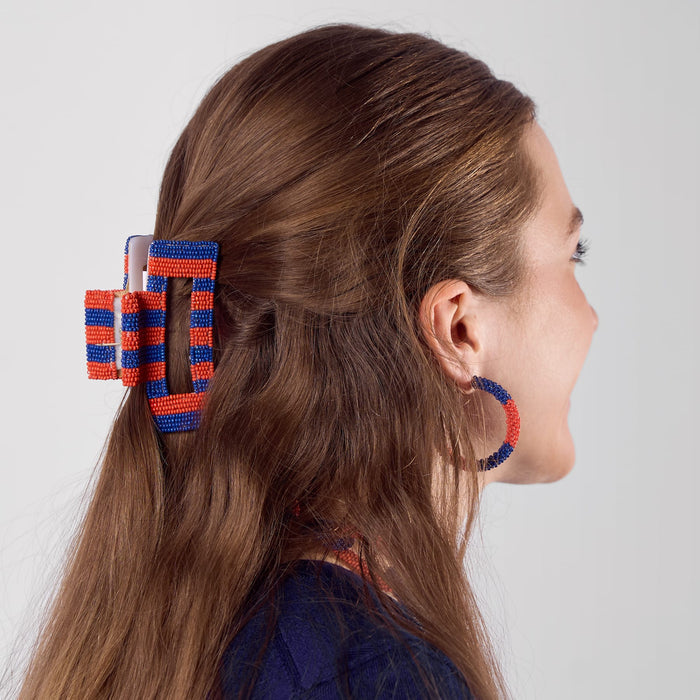 Game Day Striped Beaded Hair Claw Clip Navy + Orange Clip
