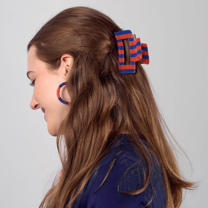 Game Day Striped Beaded Hair Claw Clip Navy + Orange Clip