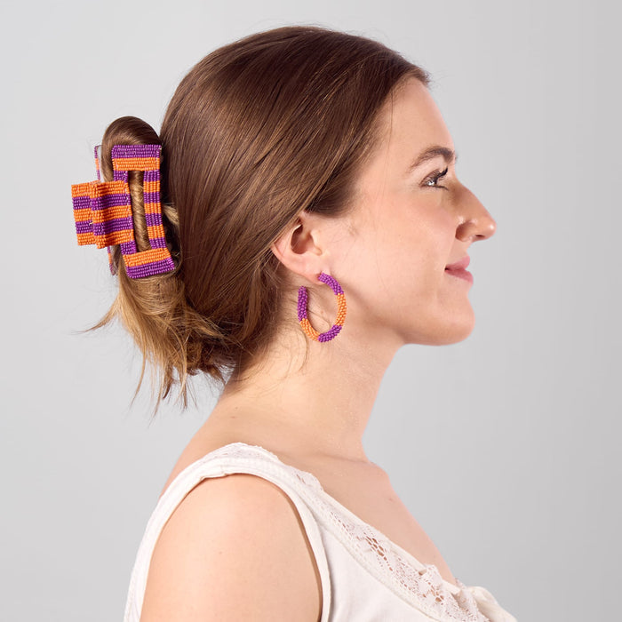 Game Day Striped Beaded Hair Claw Clip Purple + Orange Clip