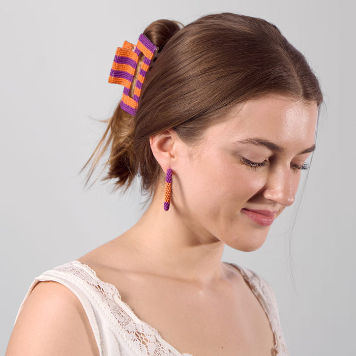 Game Day Striped Beaded Hair Claw Clip Purple + Orange Clip
