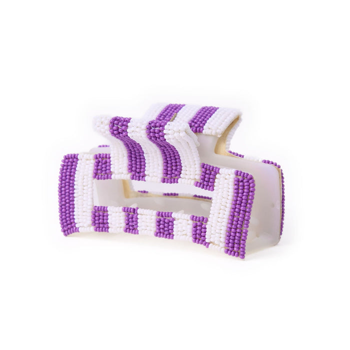 Game Day Striped Beaded Hair Claw Clip Purple + White Clip