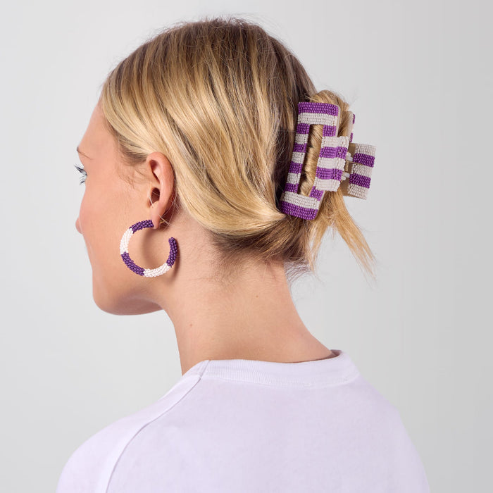 Game Day Striped Beaded Hair Claw Clip Purple + White Clip