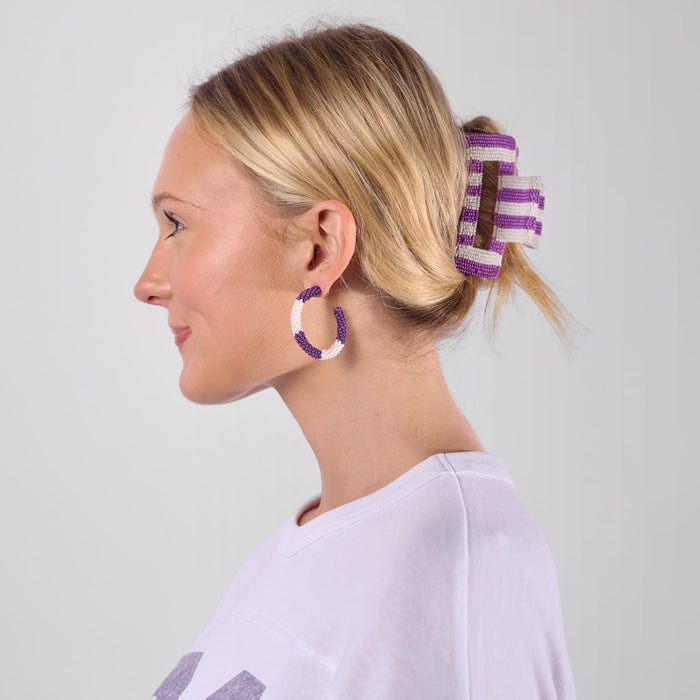 Game Day Striped Beaded Hair Claw Clip Purple + White Clip