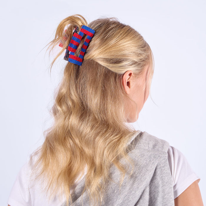 Game Day Striped Beaded Hair Claw Clip Red + Blue Clip