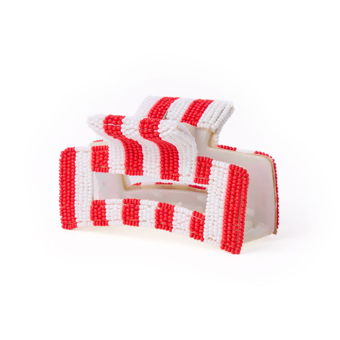 Game Day Striped Beaded Hair Claw Clip Red + White Clip
