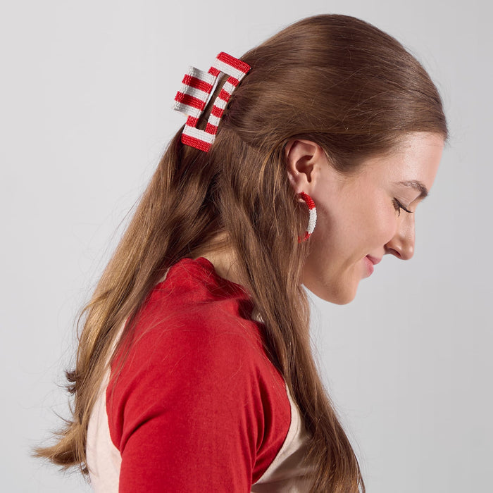 Game Day Striped Beaded Hair Claw Clip Red + White Clip