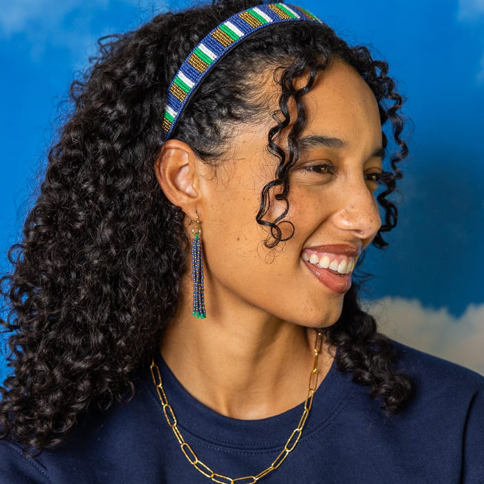 Game Day Striped Beaded Headband Blue, Gold, + Green Hair Accessory