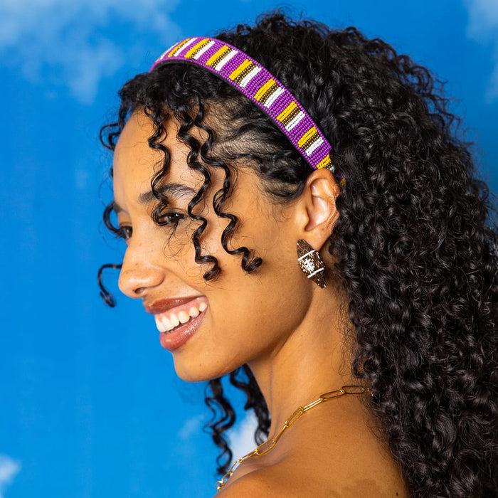 Game Day Striped Beaded Headband Purple + Yellow Hair Accessory