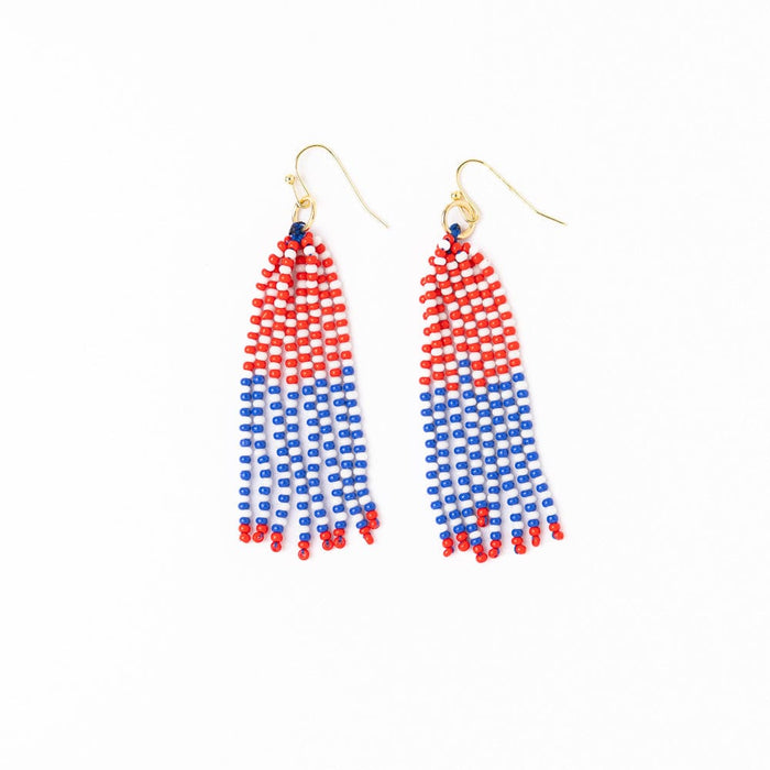 Game Day Tassel Seed Bead Earrings Blue + Crimson Fringe