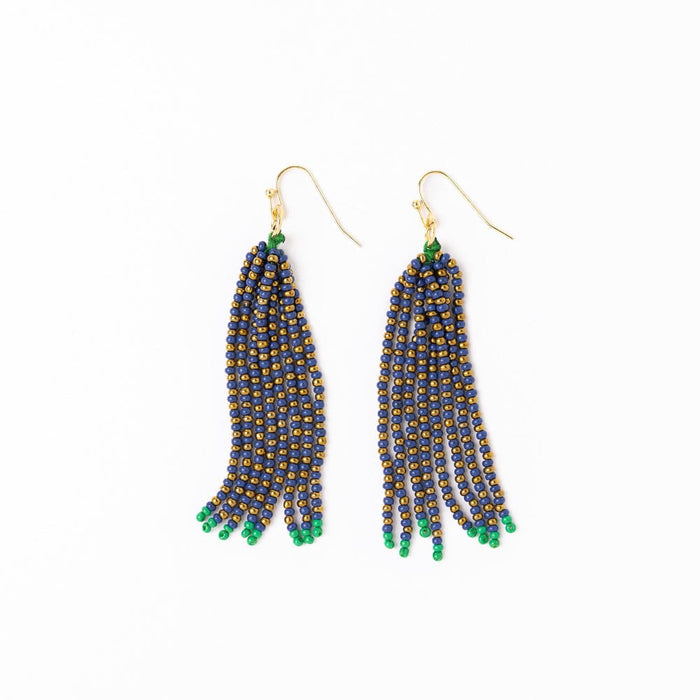 Game Day Tassel Seed Bead Earrings Blue, Gold, + Green Fringe