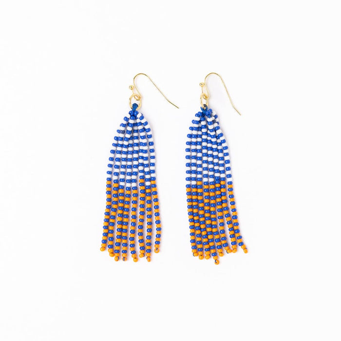 Game Day Tassel Seed Bead Earrings Blue + Orange Fringe