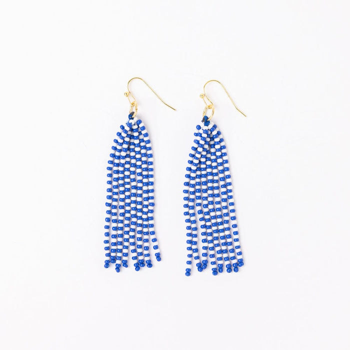 Game Day Tassel Seed Bead Earrings Blue + White Fringe