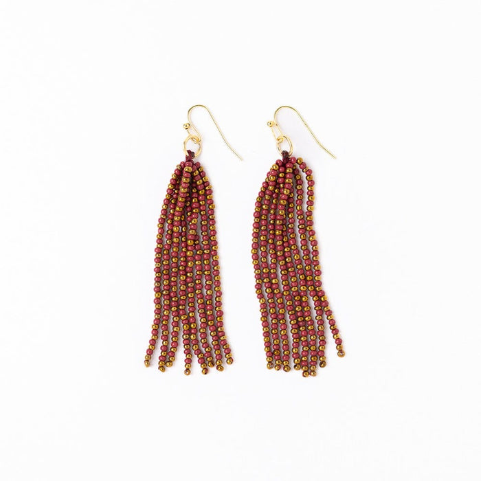 Game Day Tassel Seed Bead Earrings Garnet + Gold Fringe