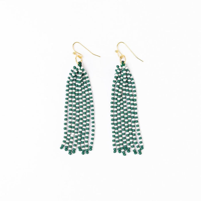 Game Day Tassel Seed Bead Earrings Green + White Fringe