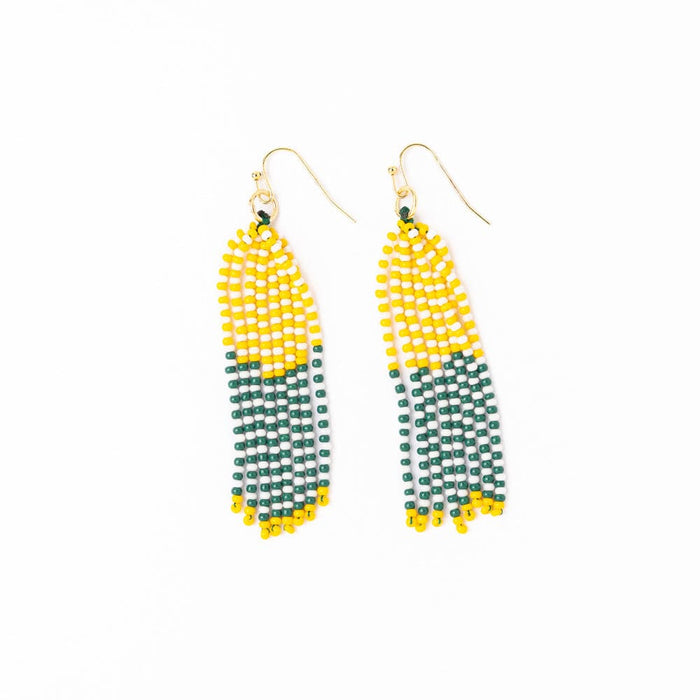 Game Day Tassel Seed Bead Earrings Green + Yellow Fringe